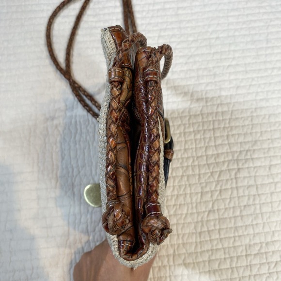 Brahmin Vintage Crossbody Mini Purse Beige Canvas Toasted Almond Croc Leather - Picture 14 of 16